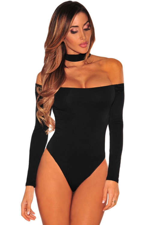 Black Choker Neck Off Shoulder Long Sleeve Bodysuit