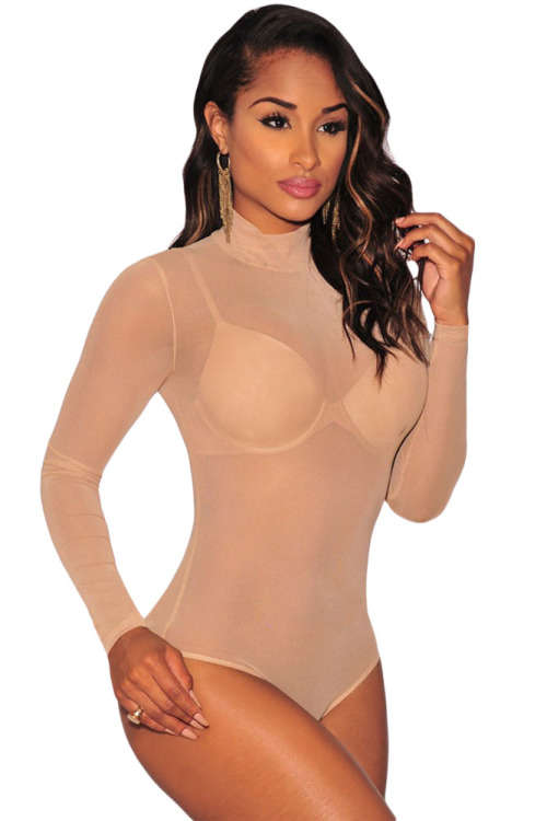 Nude Sheer Mesh High Neck Long Sleeve Bodysuit