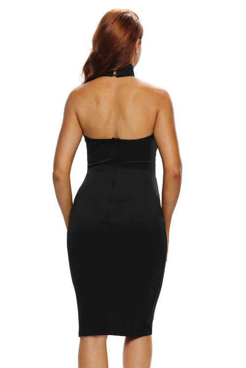 Womens Black Turtleneck Cross Over Sleeveless Midi Knee Length Sexy Summer Party Evening Dress