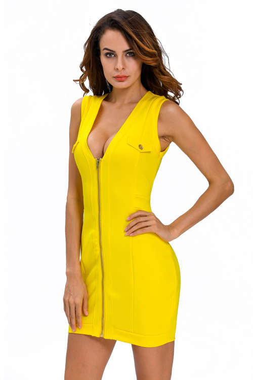 LOCAL STOCK Yellow Zipper Front Mini Tank Dress Pockets Buttons V Neck Sheath Sleeveless Club Party