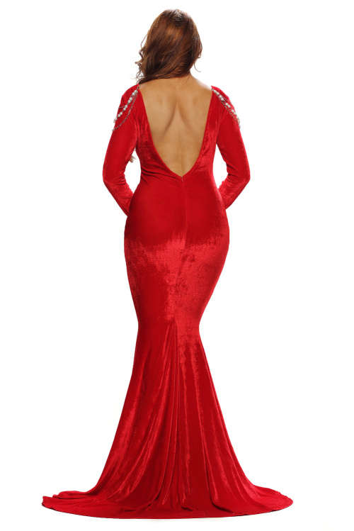 Red Velvet long Sleeve Jewelled Shoulder Maxi Dress Formal Cocktail Party Night Club Evening Wear