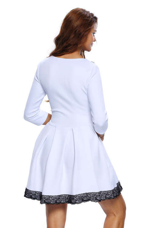 White Contrast Lace Trim V Neck Skater Dress Formal Cocktail Party Night Club Evening Wear