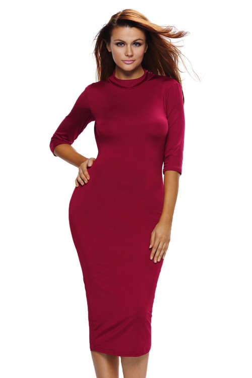 Burgundy Bodycon O Ring Back Strap Detail Midi Dress Formal Cocktail Party Night Club Evening Wear