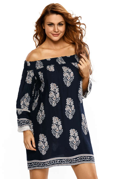 Navy Contrast Print Off Shoulder Swing Dress Formal Cocktail Party Night Club Evening Wear
