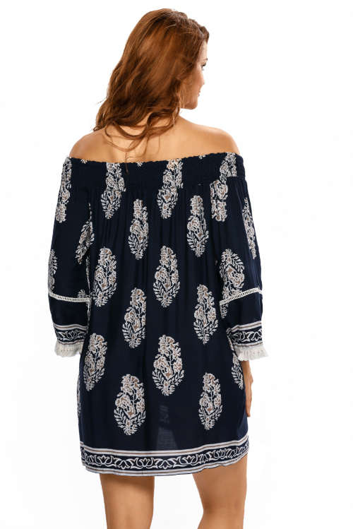 Navy Contrast Print Off Shoulder Swing Dress Formal Cocktail Party Night Club Evening Wear