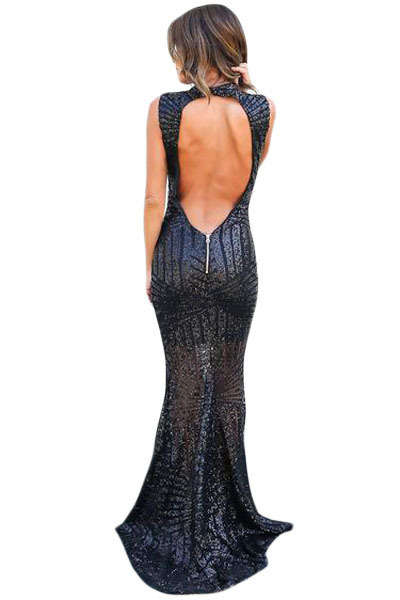 Black Full Sequins Sleeveless Open Back Maxi Dress Formal Cocktail Party Night Club Evening Wear
