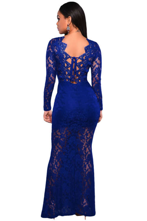 Blue Sheer Lace Long Sleeve Lace Up Back Maxi Dress Formal Cocktail Party Night Club Evening Wear