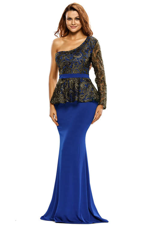 Women's Blue Single Shoulder Gold Lace Peplum Maxi Dress Formal Cocktail Party Night Club