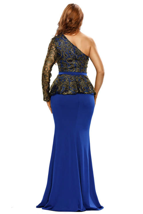 Women's Blue Single Shoulder Gold Lace Peplum Maxi Dress Formal Cocktail Party Night Club