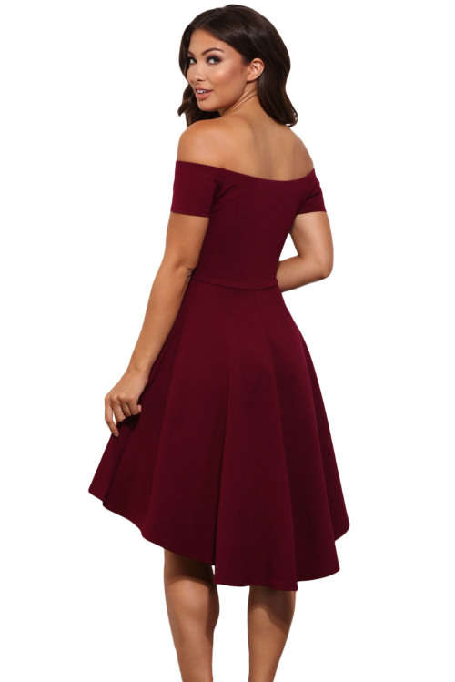 Women's Burgundy Off Shoulder High Low Skater Dress Formal Cocktail Party Night Club Evening Wear