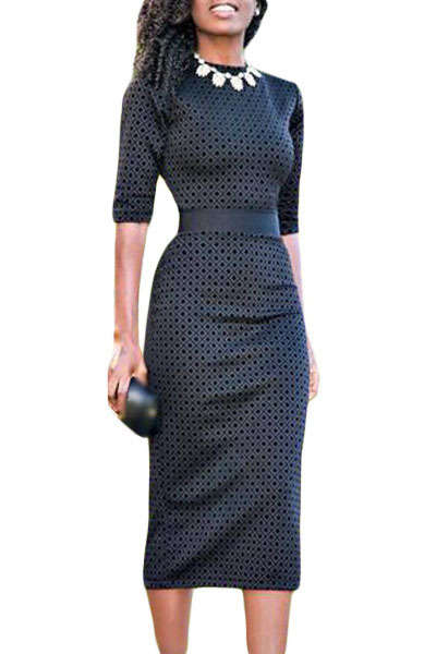 Diamond Print Half Sleeve Midi Dress Formal Cocktail Party Night Club Evening Wear