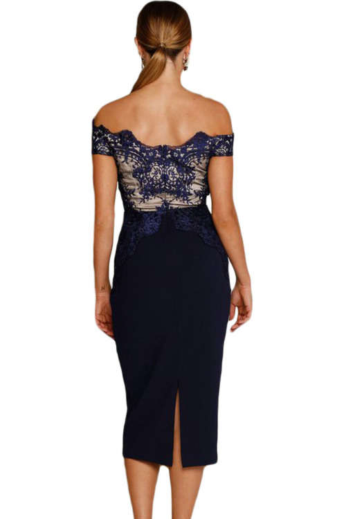 Women's Navy Lace Applique Off Shoulder Midi Dress Formal Cocktail Party Night Club Evening Wear