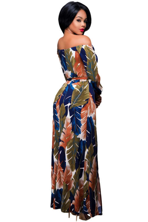 Women's Off Shoulder Leaf Print Romper Maxi Dress Formal Cocktail Party Night Club Evening Wear