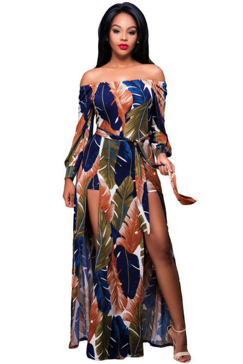 Women's Off Shoulder Leaf Print Romper Maxi Dress Formal Cocktail Party Night Club Evening Wear