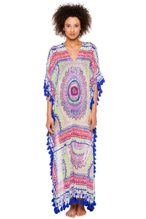Women's Blue Tassel Trim Printed Chiffon Maxi Caftan Beach Cover Up
