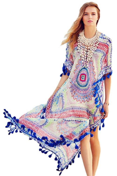 Women's Blue Tassel Trim Printed Chiffon Maxi Caftan Beach Cover Up