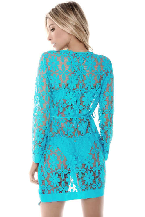 Light Blue Lace Long Sleeve Beach Dress Cover Up Swimwear Beachwear