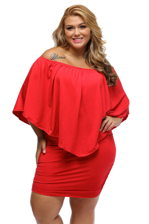 Red Plus Size Multi Layer Off Shoulder Cape Dress Formal Cocktail Party Night Club Evening Wear