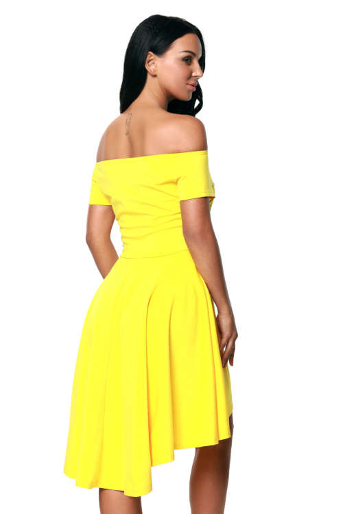 Yellow Off Shoulder High Low Hem Skater Dress Formal Cocktail Party Night Club Evening Wear