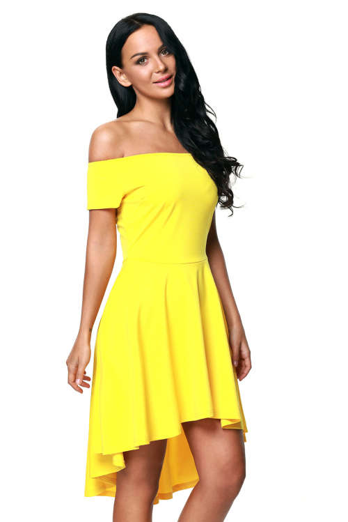 Yellow Off Shoulder High Low Hem Skater Dress Formal Cocktail Party Night Club Evening Wear