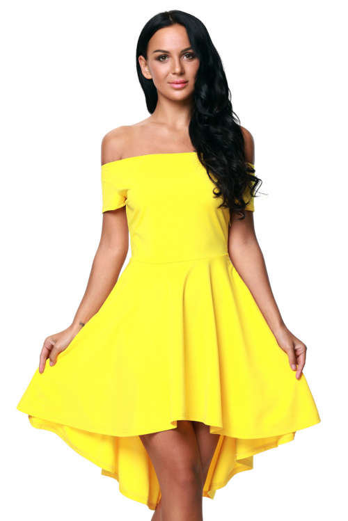 Yellow Off Shoulder High Low Hem Skater Dress Formal Cocktail Party Night Club Evening Wear
