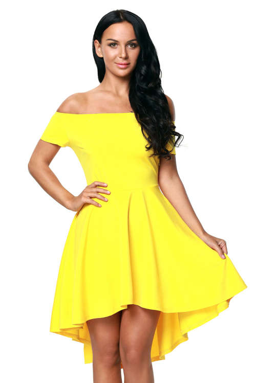 Yellow Off Shoulder High Low Hem Skater Dress Formal Cocktail Party Night Club Evening Wear