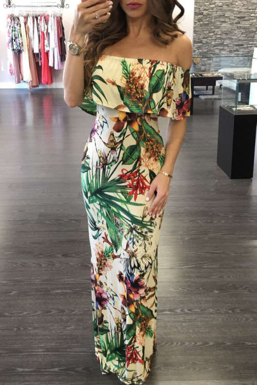 Colourful Floral Print Off Shoulder Maxi Dress Formal Cocktail Party Evening Wear