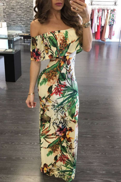 Colourful Floral Print Off Shoulder Maxi Dress Formal Cocktail Party Evening Wear