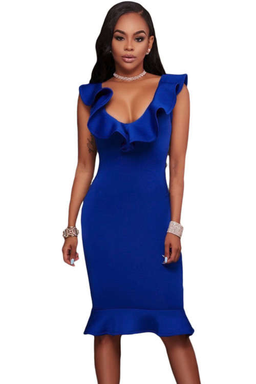 LOCAL STOCK Dark Blue Ruffle V Neck Off Shoulder Midi Dress Formal Cocktail Night Club Evening Wear
