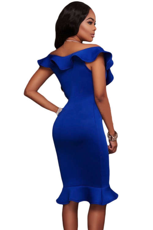 LOCAL STOCK Dark Blue Ruffle V Neck Off Shoulder Midi Dress Formal Cocktail Night Club Evening Wear