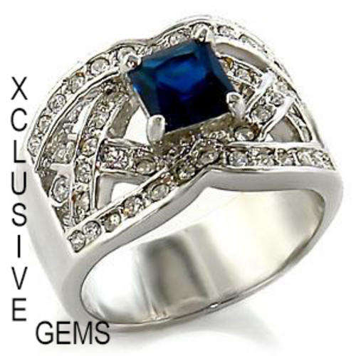 * FREE EARRINGS* 18K WHITE GOLD PLATED SIMULATED SAPPHIRE LADIES RING