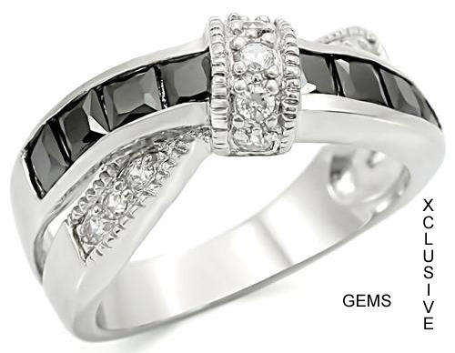 ** 18K WHITE GOLD PLATED BLACK STONE LADIES RING