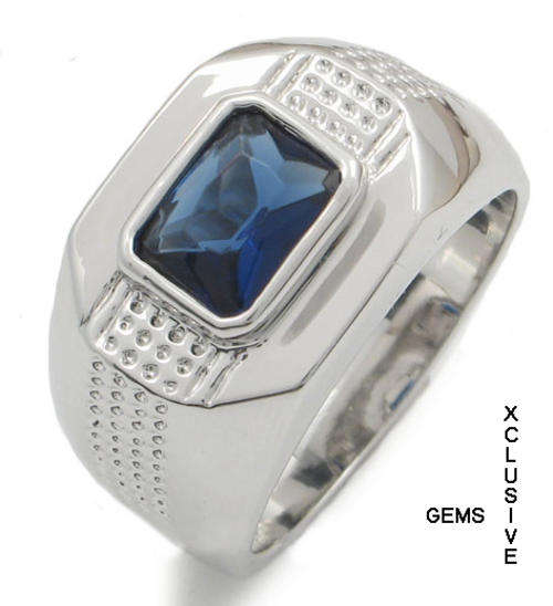 ** 18K WHITE GOLD PLATED SIMULATED SAPPHIRE MEN'S RING