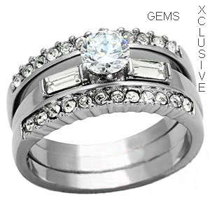 ** SIMULATED DIAMOND STAINLESS STEEL WEDDING RING SET