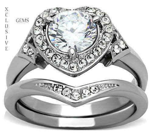 * BEAUTIFUL STAINLESS STEEL SIMULATED DIAMOND WEDDING RING SET
