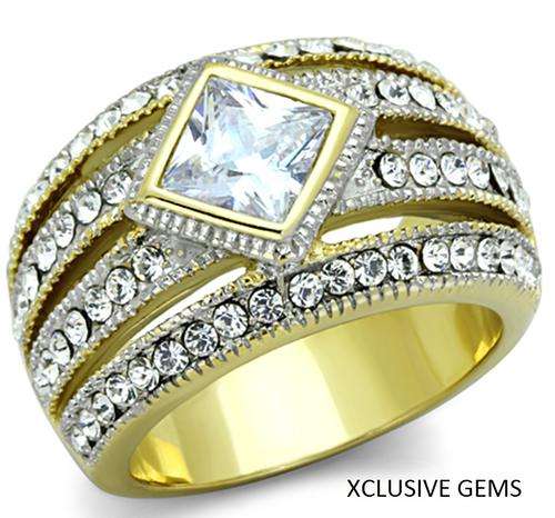 ** 18K GOLD PLATED OVER SOLID STAINLESS STEEL SIMULATED DIAMOND LADIES RING