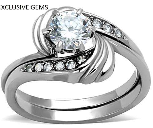 SOLID STAINLESS STEEL SIMULATED DIAMOND WEDDING RING SET