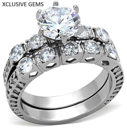 *SIMULATED DIAMOND SOLID STAINLESS STEEL WEDDING RING SET