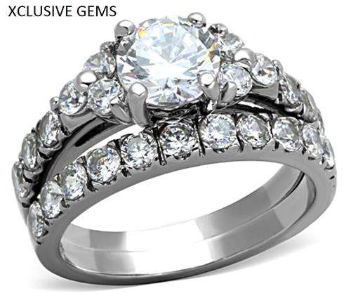 *SIMULATED DIAMOND SOLID STAINLESS STEEL WEDDING RING SET