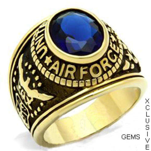 18K GOLD PLATED OVER STAINLESS STEEL SIMULATED SAPPHIRE MEN'S RING