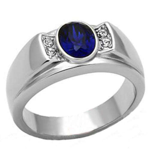 STAINLESS STEEL SIMULATED SAPPHIRE MEN'S RING