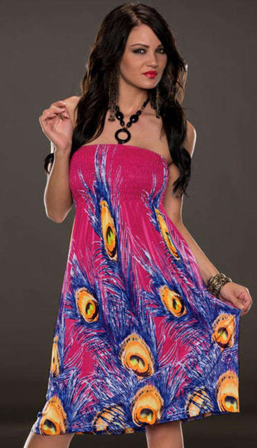 PRETTY PEACOCK PRINT BEACH DRESS