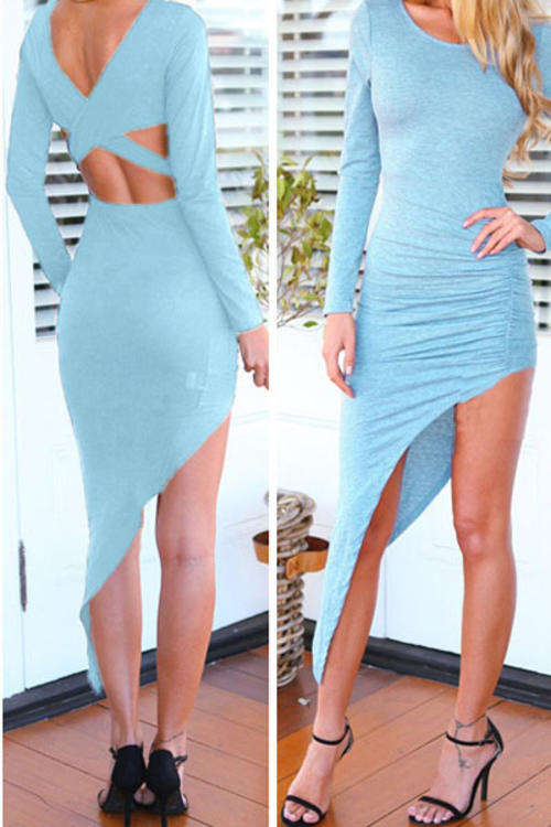 BEAUTIFUL BLUE HIGH LOW CROSS BACK DRESS