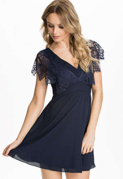 LOVELY V LACE NECKLINE SKATER DRESS