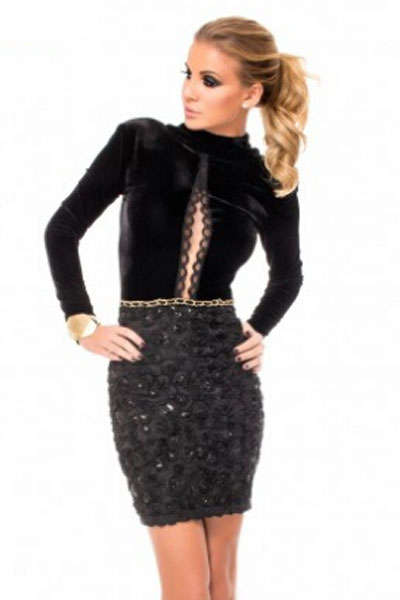 BEAUTIFUL BLACK VELVET WITH EMBROIDERY ROSE DRESS