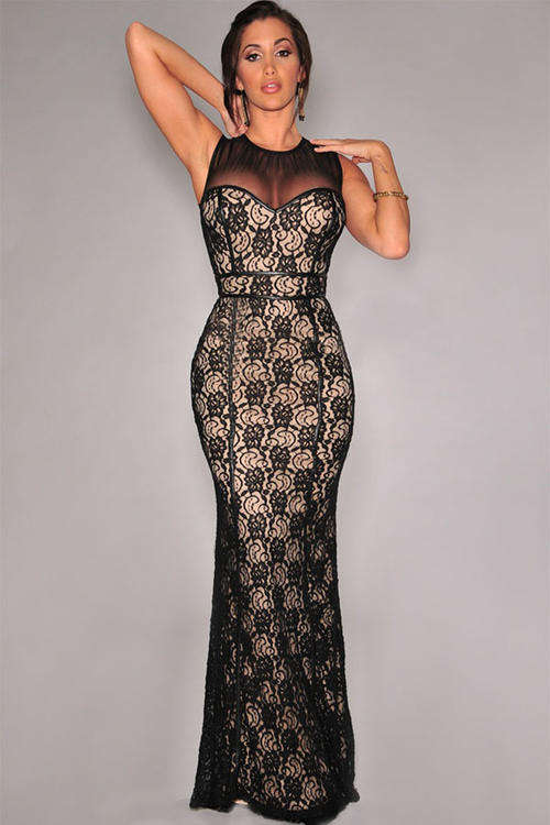 GLAMOROUS BLACK LACE NUDE ILLUSION EVENING DRESS