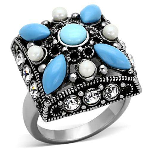 UNIQUE DESIGN SIMULATED TURQUOISE AND SIMULATED DIAMOND LADIES RING