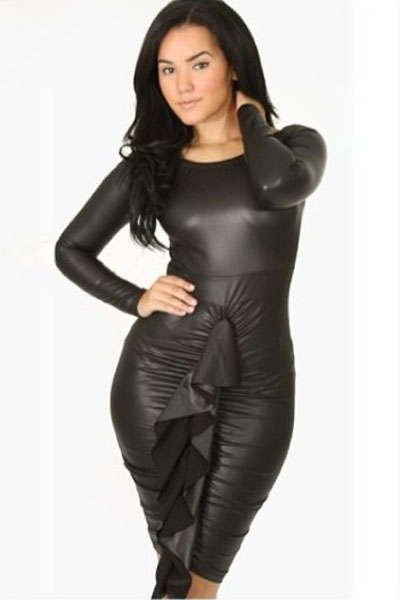 TRENDY RUFFLE FRONT LEATHER LOOK DRESS