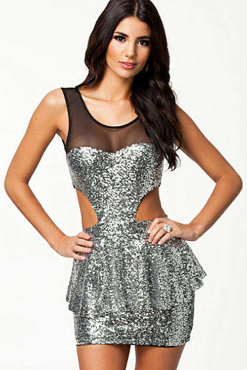SEXY SILVER SPARKLE CUT OUT DESIGN PEPLUM DRESS
