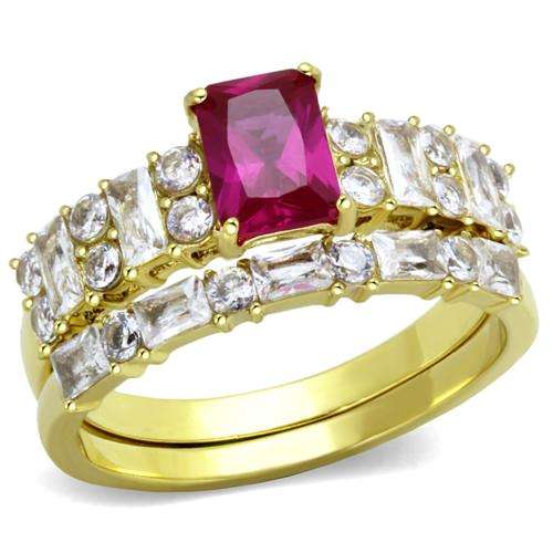 18K YELLOW GOLD PLATED SIMULATED RUBY AND DIAMOND WEDDING RING SET
